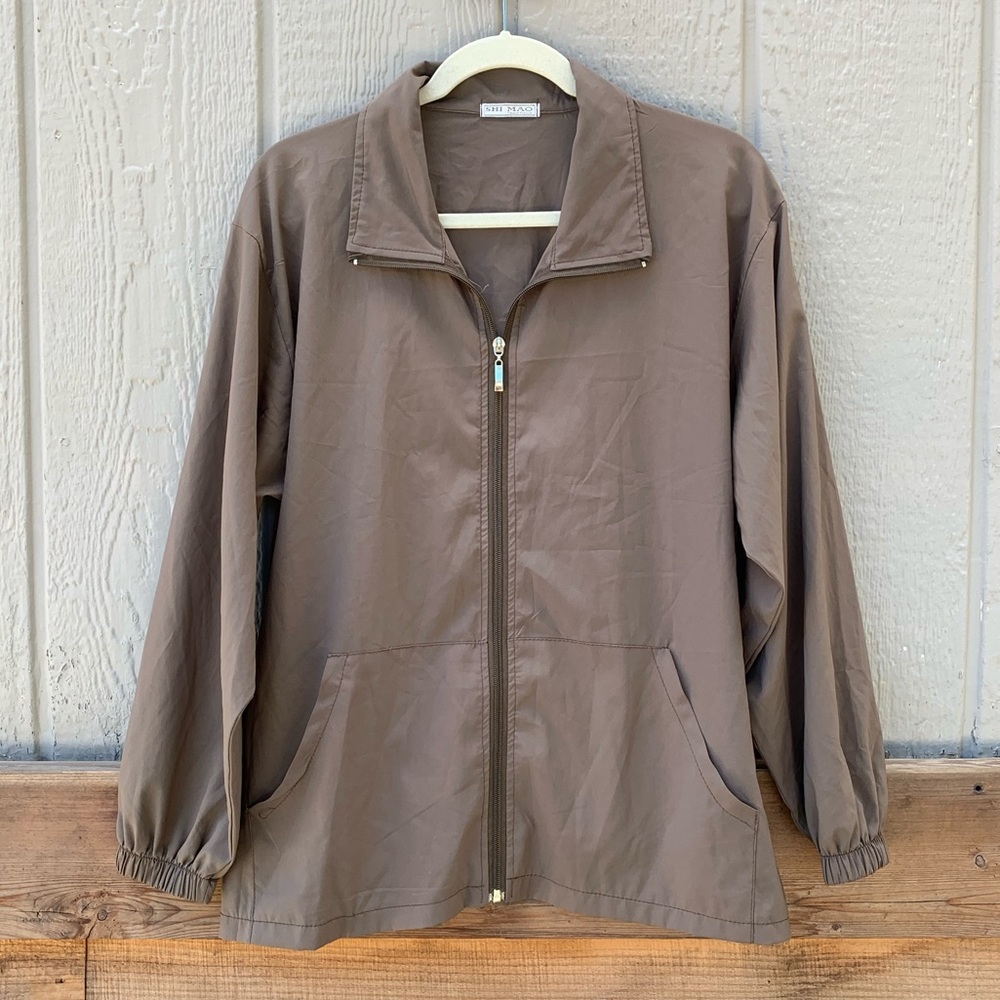 Shi Mao vintage minimalist lightweight unlined silky zip up jacket neutral basic